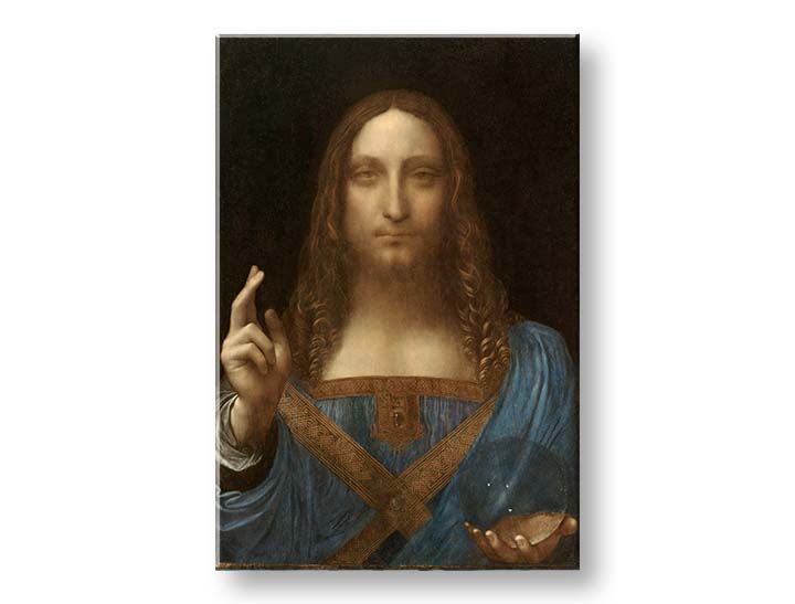 Vintage vászonkép motívummal: Leonardo da Vinci - Salvator Mundi, térkép, természet kék-arany árnyalatokban, ünnepi hangulat, alkalmas a nappali számára – termék