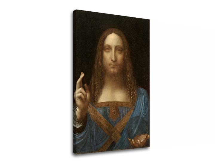 Vintage vászonkép motívummal: Leonardo da Vinci - Salvator Mundi, térkép, természet kék-arany árnyalatokban, ünnepi hangulat, alkalmas a nappali számára – fő