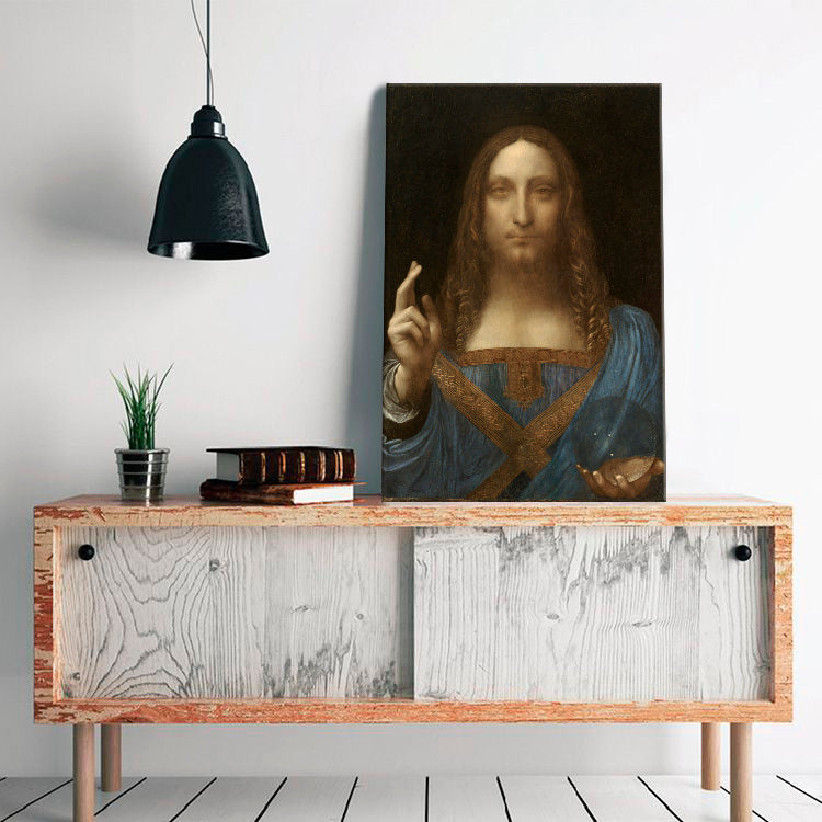 Vintage vászonkép motívummal: Leonardo da Vinci - Salvator Mundi, térkép, természet kék-arany árnyalatokban, ünnepi hangulat, alkalmas a nappali számára – termék, nézet 2