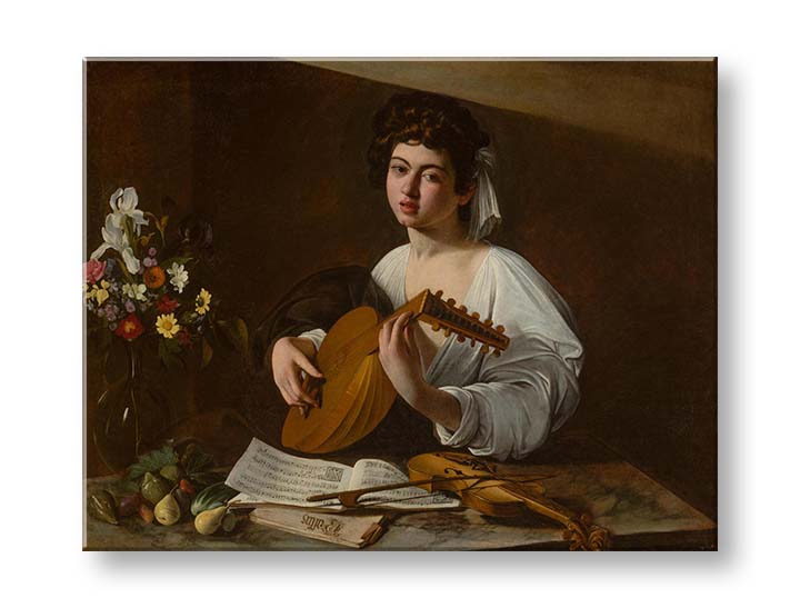 Boho stílusú vászonkép motívummal: Michelangelo Caravaggio - Lutnista, virágok, hegedű, zenei motívum, természet fehér-arany árnyalatokban, alkalmas a konyha számára – termék, nézet 2
