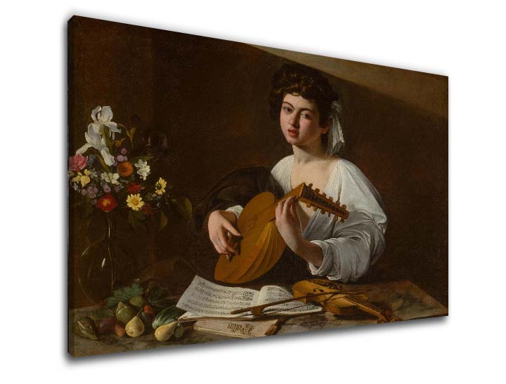 Boho stílusú vászonkép motívummal: Michelangelo Caravaggio - Lutnista, virágok, hegedű, zenei motívum, természet fehér-arany árnyalatokban, alkalmas a konyha számára – termék