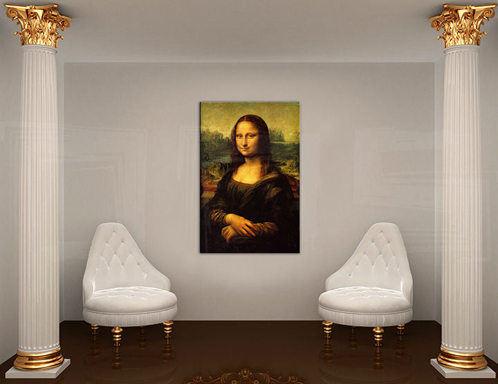Pop art vászonkép motívummal: MONA LISA – Leonardo Da Vinci, táj, városi motívum, természet fehér-arany árnyalatokban felakasztva az enteriőrben dolgozószoba számára – enteriőr