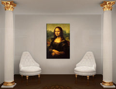 Pop art vászonkép motívummal: MONA LISA – Leonardo Da Vinci, táj, városi motívum, természet fehér-arany árnyalatokban felakasztva az enteriőrben dolgozószoba számára – enteriőr