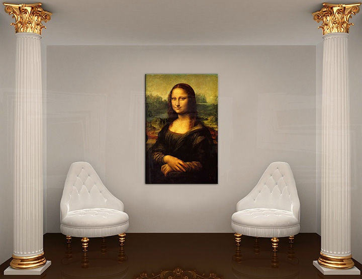 Pop art kép motívummal: MONA LISA – Leonardo Da Vinci, táj, városi motívum fehér-arany árnyalatokban | Vászonkép MONA LISA – Leonardo Da Vinci – előnézet