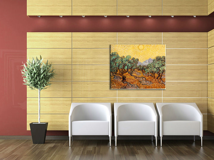 Vintage vászonkép motívummal: OLIVOVNÍKY – Vincent van Gogh, nap, hegyek, mező, térkép barna-zöld árnyalatokban felakasztva az enteriőrben iroda számára – enteriőr