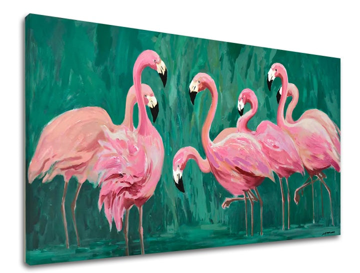 Pop art kép motívummal: PLAMENIAKY, madarak rózsaszín-zöld árnyalatokban | Vászonkép PLAMENIAKY, trópusi paradicsom és természet – előnézet