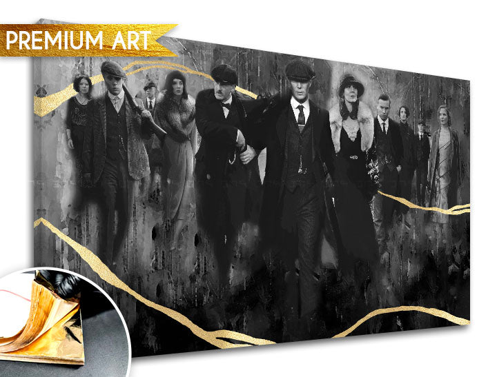 Kézzel festett vászonkép motívummal: PREMIUM ART – Peaky Blinders család szürke-arany árnyalatokban, család és erő és hatalom, alkalmas a nappali számára – termék