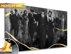 Kézzel festett vászonkép motívummal: PREMIUM ART – Peaky Blinders család szürke-arany árnyalatokban, család és erő és hatalom, alkalmas a nappali számára – termék