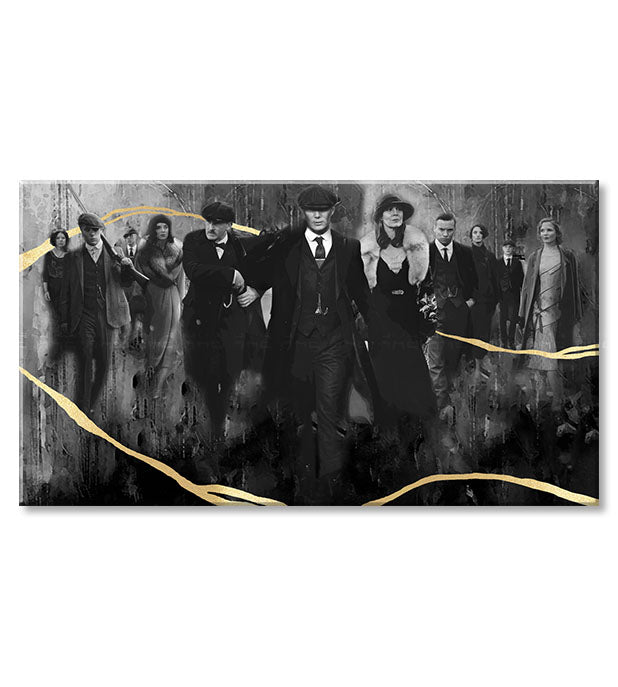 Kézzel festett vászonkép motívummal: PREMIUM ART – Peaky Blinders család szürke-arany árnyalatokban, család és erő és hatalom, alkalmas a nappali számára – termék, nézet 2
