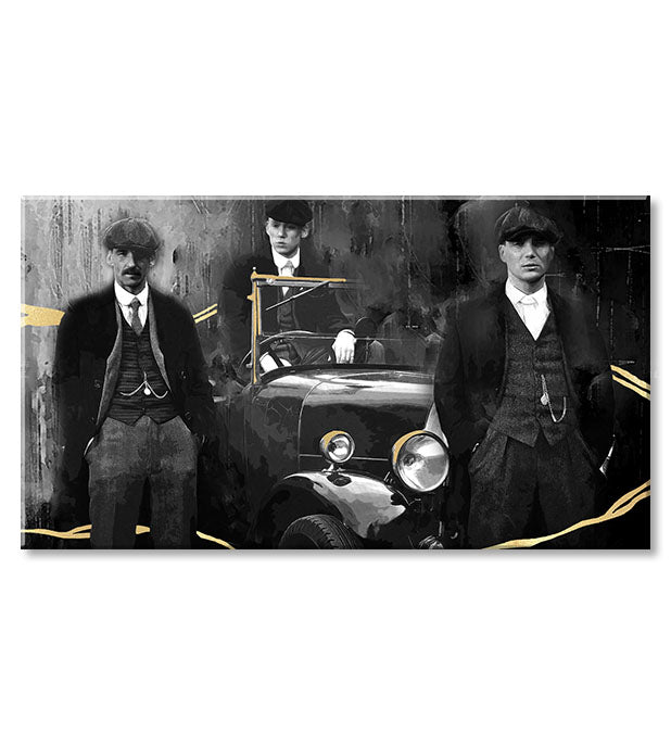 Kézzel festett vászonkép motívummal: PREMIUM ART – Peaky Blinders bratia, autó szürke-arany árnyalatokban, alkalmas a nappali számára | Vászonképek - PREMIUM ART – Peaky Blinders bratia