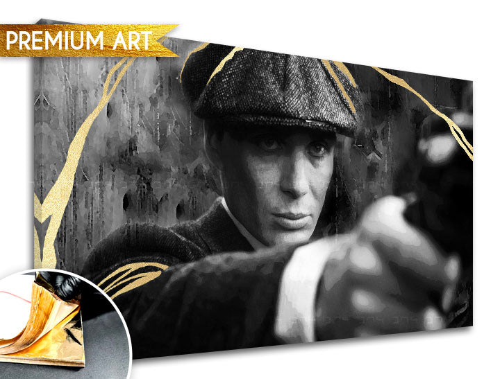 Kézzel festett vászonkép motívummal: PREMIUM ART – Peaky Blinders Thomas Shelby szürke-arany árnyalatokban, intenzív hangulat | Vászonképek - PREMIUM ART – Peaky Blinders Thomas..., nézet 2