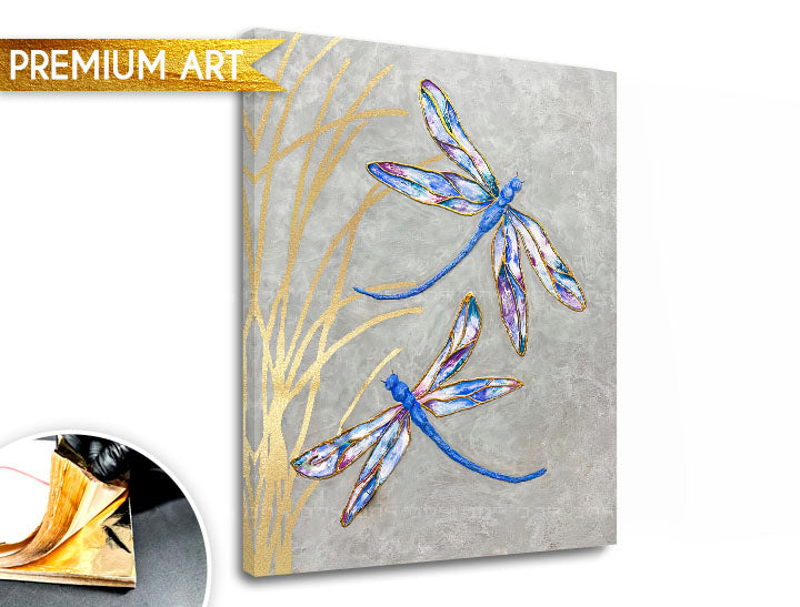 Boho stílusú vászonkép motívummal: PREMIUM ART – Lietajúce vážky szürke-arany árnyalatokban, nyugodt hangulat, természet és elegancia, alkalmas a iroda számára – termék