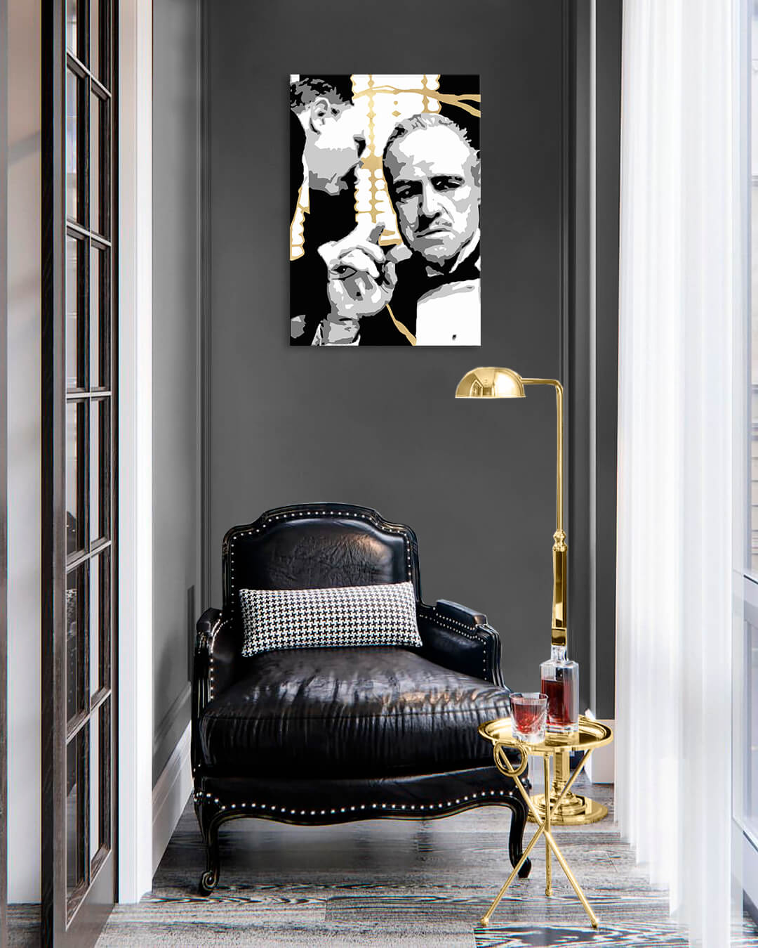 Kézzel festett vászonkép motívummal: PREMIUM ART – The Godfather fekete-fehér árnyalatokban, drámai hangulat, filmvilág és erő és hatalom – fő