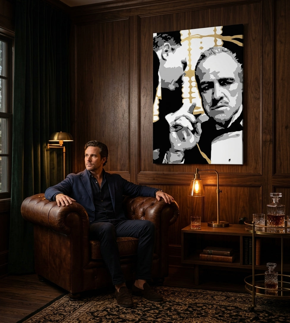 Kézzel festett vászonkép motívummal: PREMIUM ART – The Godfather, autó fehér-arany árnyalatokban felakasztva az enteriőrben nappali számára, erő és hatalom és család – enteriőr