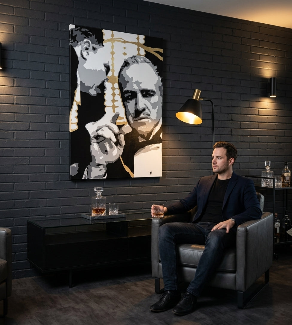 Kézzel festett vászonkép motívummal: PREMIUM ART – The Godfather, autó fehér-arany árnyalatokban felakasztva az enteriőrben nappali számára, erő és hatalom és család – enteriőr, nézet 3