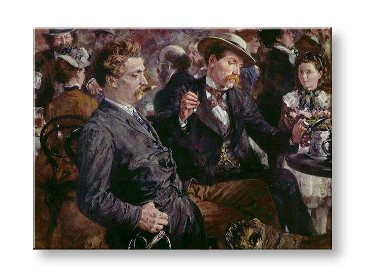 Modern vászonkép motívummal: Adolf Menzel - Na pivnej záhrade, kutya barna-fehér árnyalatokban, városi élet | Vászonkép Adolf Menzel - Na pivnej záhrade – termék