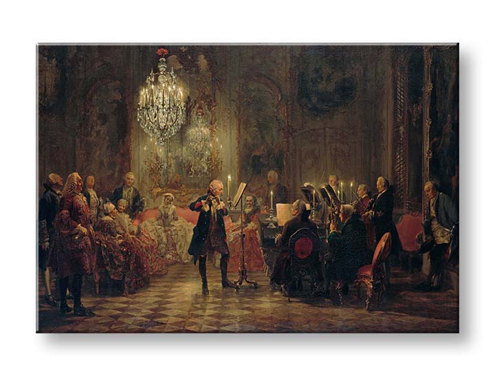 Modern vászonkép barna-fekete árnyalatokban, elegáns hangulat | Vászonkép Adolph Menzel - Frederick Velký hrá na flaute v Sanssouci – termék