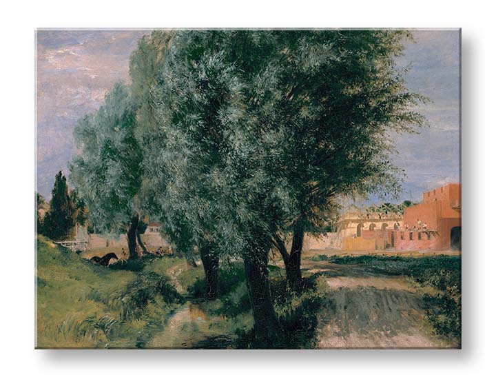 Modern vászonkép motívummal: Adolph Menzel - Stavenisko s vrbami, fák, ösvény, égbolt zöld-barna árnyalatokban, nyugodt hangulat – termék