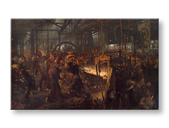 Modern vászonkép motívummal: Adolph Menzel - Valcovňa železa fekete-sárga árnyalatokban | Vászonkép Adolph Menzel - Valcovňa železa – termék