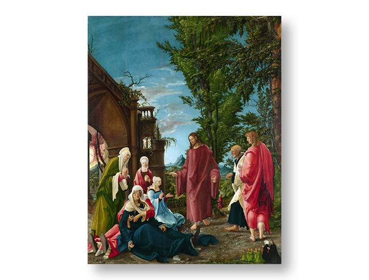 Modern vászonkép motívummal: táj kék-zöld árnyalatokban, nyugodt hangulat, természet | Vászonkép Albrecht Altdorfer - Kristus odchádza od svojej Matky – termék