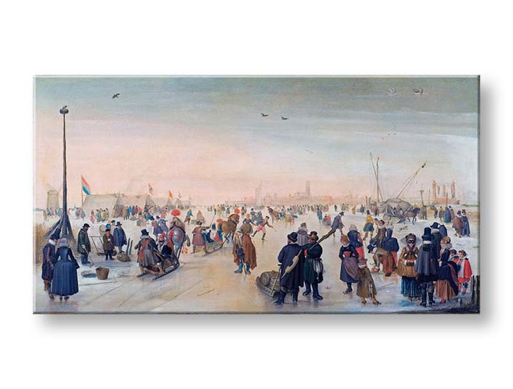 Modern vászonkép motívummal: Hendrick Avercamp - Zábava na lade v meste, madarak barna árnyalatokban, élénk hangulat | Vászonkép Hendrick Avercamp - Zábava na lade v meste – termék