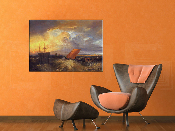Vintage vászonkép motívummal: SHEERNESS VISTA DAL NORE – William Turner, óceán, naplemente, hullámok, gyermek motívum felakasztva az enteriőrben relaxációs zóna számára – enteriőr
