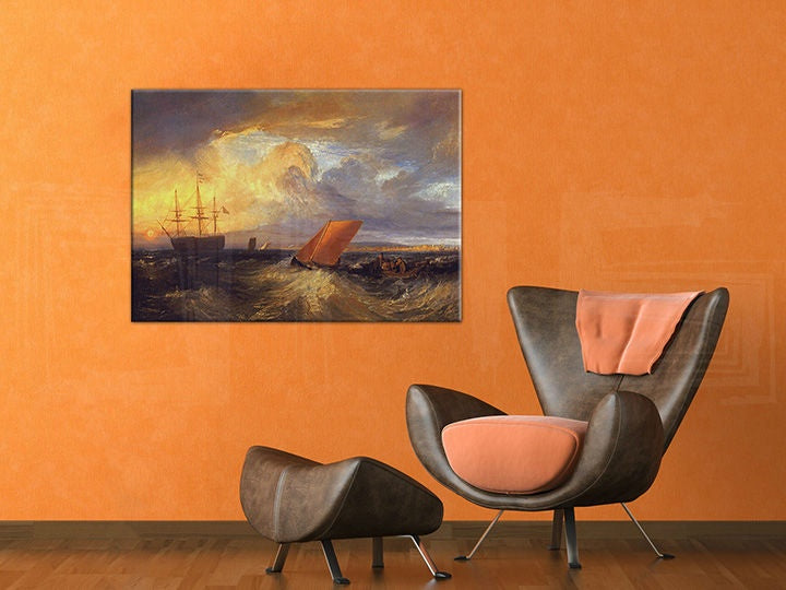 Vintage kép motívummal: SHEERNESS VISTA DAL NORE – William Turner, óceán, naplemente kék-narancs árnyalatokban – előnézet