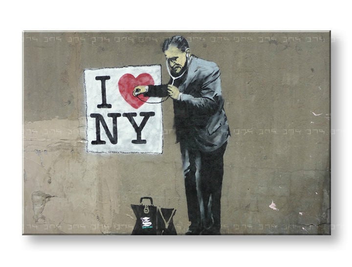 Modern vászonkép motívummal: Street ART – Banksy, férfi öltönyben szürke-piros árnyalatokban | Vászonkép Street ART – Banksy – fő