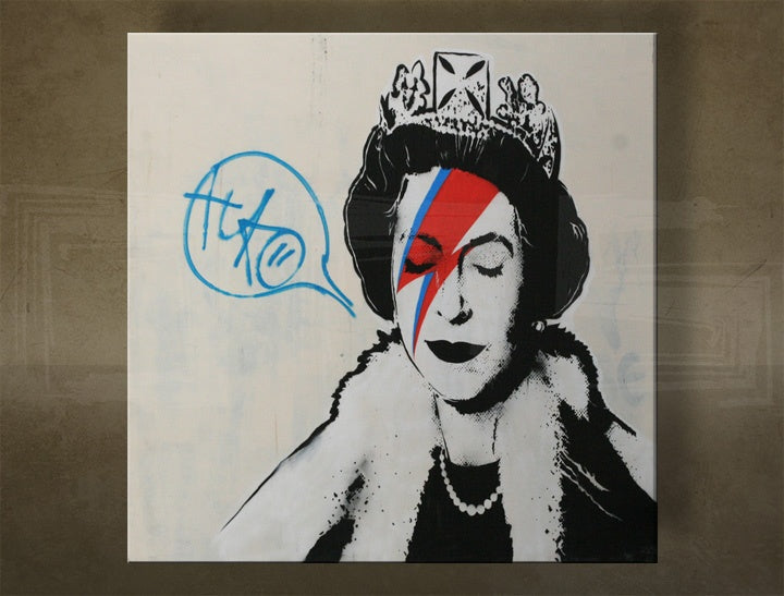 Pop art vászonkép motívummal: Street ART – Banksy, korona, graffiti, táj, természet fehér-kék árnyalatokban, ikonográfia, alkalmas a iroda számára – fő