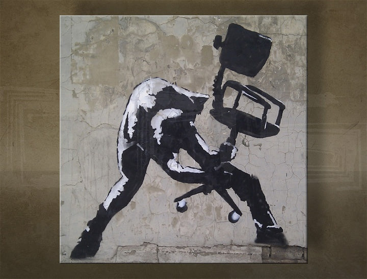 Klasszikus vászonkép motívummal: Street ART – Banksy fehér-szürke árnyalatokban, alkalmas a iroda számára | Vászonkép Street ART – Banksy – fő