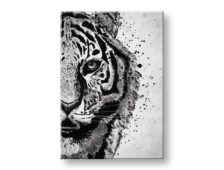 Modern vászonkép motívummal: TIGER 001, tigris, táj fehér-szürke árnyalatokban, intenzív hangulat, természet és erő, alkalmas a dolgozószoba számára – fő