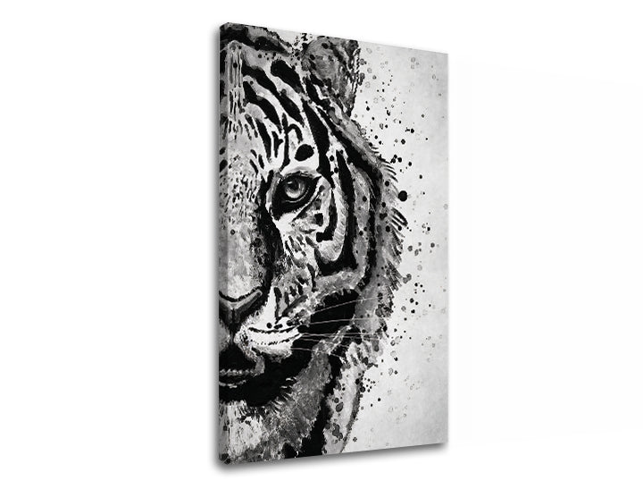 Modern vászonkép motívummal: TIGER 001, tigris, táj fehér-szürke árnyalatokban, intenzív hangulat, természet és erő, alkalmas a dolgozószoba számára – termék
