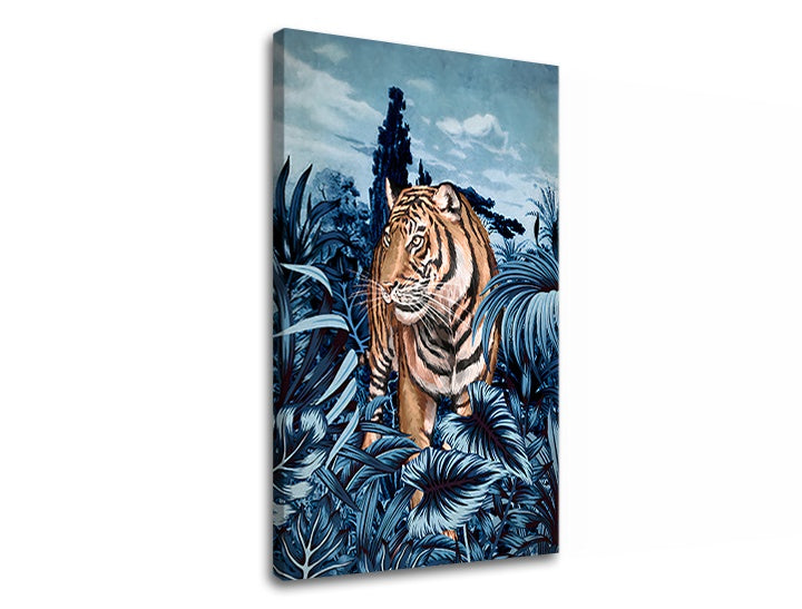 Pop art kép motívummal: TIGER V PRÍRODE 001, tigris, fák fehér-kék árnyalatokban | Vászonkép TIGER V PRÍRODE 001, természet – előnézet