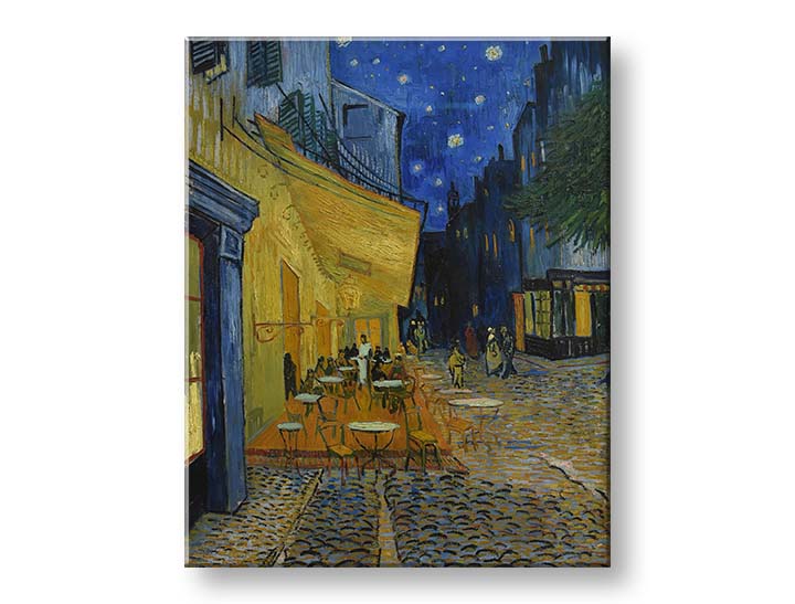 Vintage vászonkép motívummal: Vincent van Gogh - Café Terrace at Night kék-fekete árnyalatokban, nyugodt hangulat, városi élet és magány – termék, nézet 2