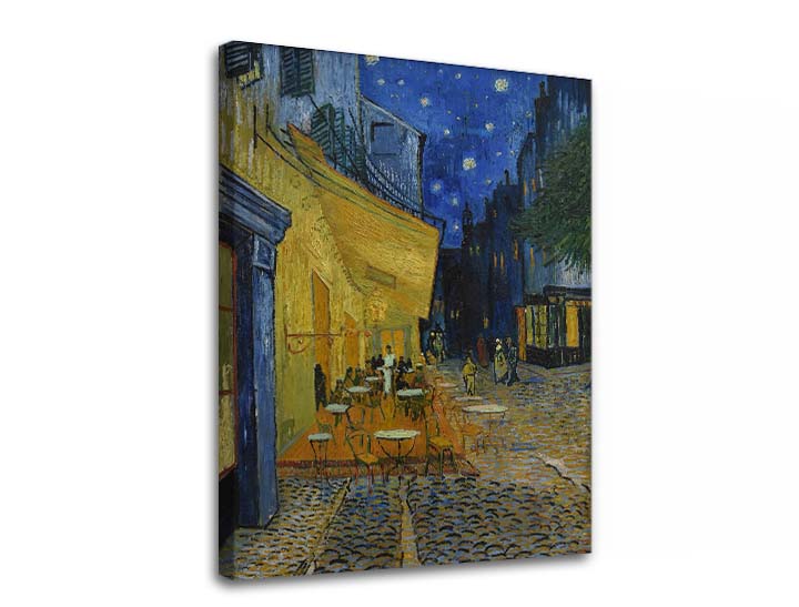 Vintage vászonkép motívummal: Vincent van Gogh - Café Terrace at Night kék-fekete árnyalatokban, nyugodt hangulat, városi élet és magány – termék