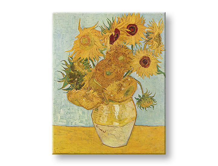 Vintage vászonkép motívummal: Vincent van Gogh - Váza s dvanástimi slnečnicami, váza, virágok kék-sárga árnyalatokban, élénk hangulat, alkalmas a nappali számára – termék, nézet 2