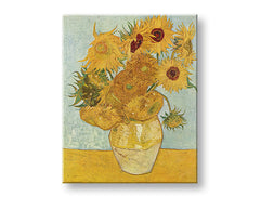 Vintage vászonkép motívummal: Vincent van Gogh - Váza s dvanástimi slnečnicami, váza, virágok kék-sárga árnyalatokban, élénk hangulat, alkalmas a nappali számára – termék, nézet 2