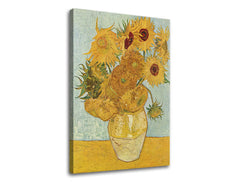 Vintage vászonkép motívummal: Vincent van Gogh - Váza s dvanástimi slnečnicami, váza, virágok kék-sárga árnyalatokban, élénk hangulat, alkalmas a nappali számára – termék