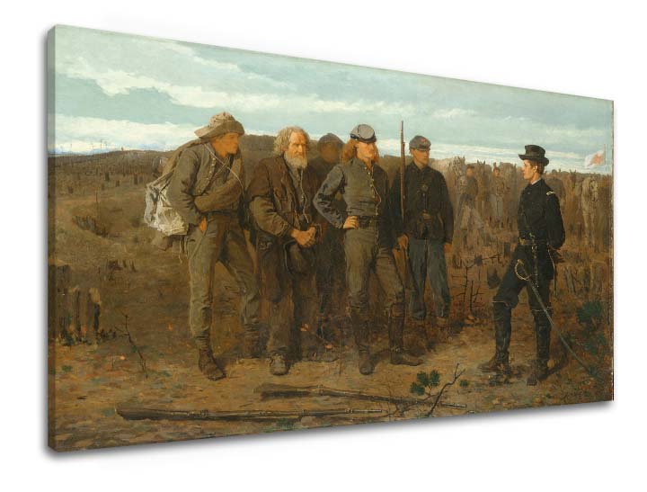 Vintage vászonkép motívummal: Winslow Homer - Foglyok z frontu, lovak, táj, térkép, természet bézs-kék árnyalatokban, ünnepi hangulat – termék