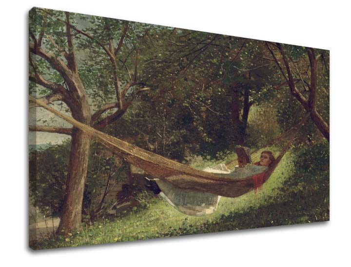 Vintage vászonkép motívummal: Winslow Homer - Dievča v hojdacej sieti, könyv, fák, táj, térkép zöld árnyalatokban, nyugodt hangulat – termék