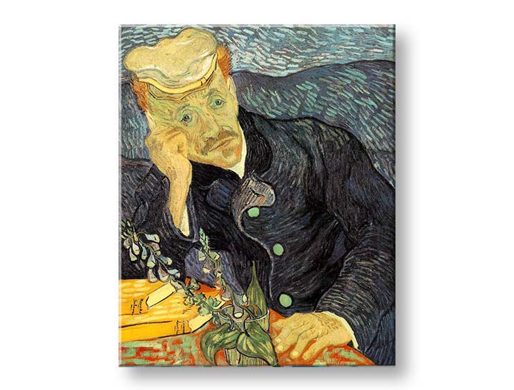Vintage vászonkép motívummal: Vincent van Gogh - Portrét dr. Gacheta, virágok, természet kék-zöld árnyalatokban, kontemplatív hangulat, alkalmas a dolgozószoba számára – termék, nézet 2