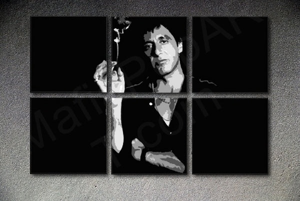 Pop art vászonkép motívummal: SCARFACE-AL PACINO 6 részes XXL Akcia al8, virág szürke-fekete árnyalatokban, drámai hangulat, alkalmas a nappali számára – fő